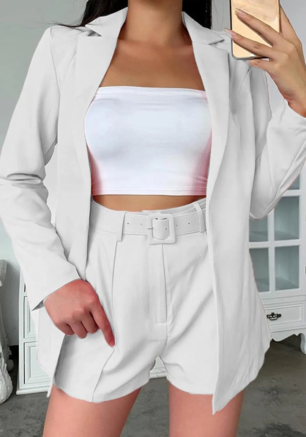 2 Piece Outfits for Women Long Sleeve Solid Open Front Blazer Shorts with Belt Casual Elegant Business Suit Sets