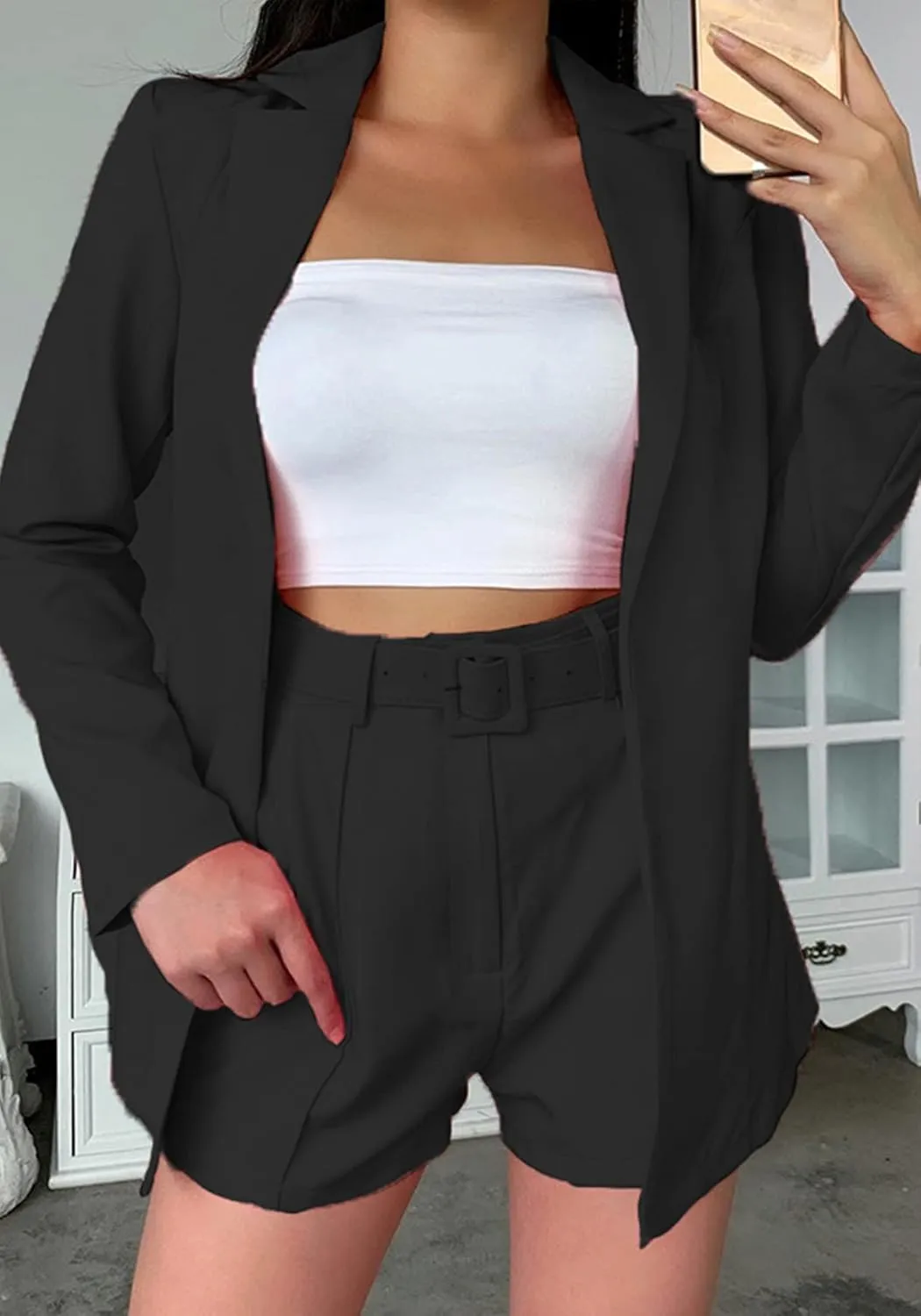 2 Piece Outfits for Women Long Sleeve Solid Open Front Blazer Shorts with Belt Casual Elegant Business Suit Sets