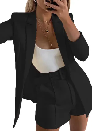 2 Piece Outfits for Women Long Sleeve Solid Open Front Blazer Shorts with Belt Casual Elegant Business Suit Sets