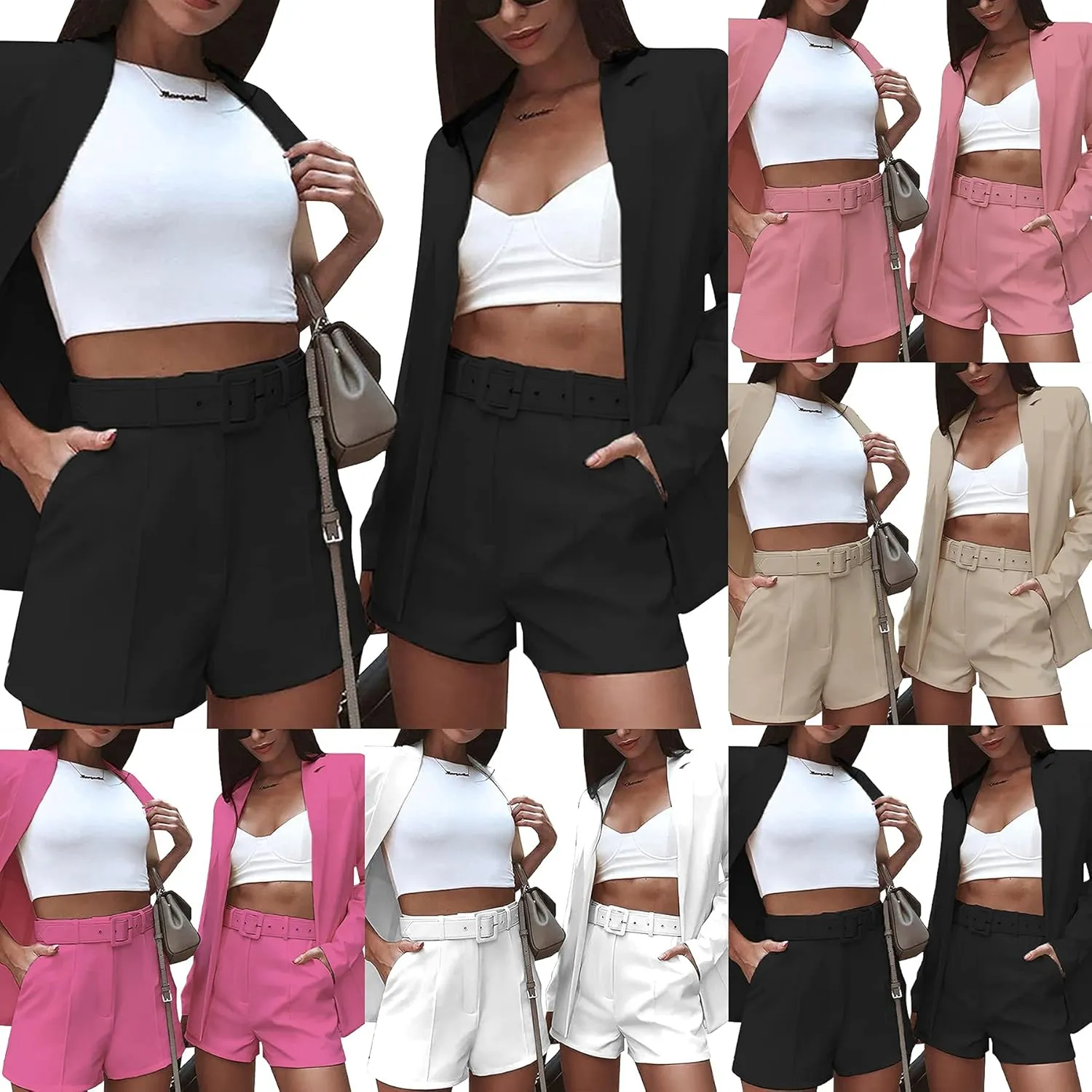 2 Piece Outfits for Women Long Sleeve Solid Open Front Blazer Shorts with Belt Casual Elegant Business Suit Sets