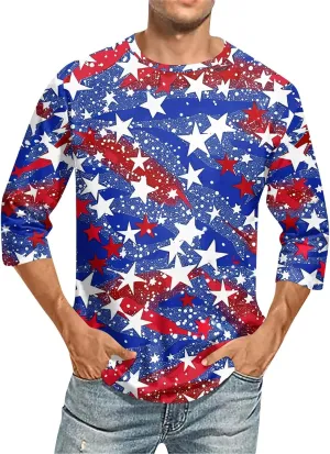 4th of July Shirts for Boys Men's Casual Crewneck 3/4 Sleeve Shirts Cotton Hawaiian Summer Tops Basic Workout Tees