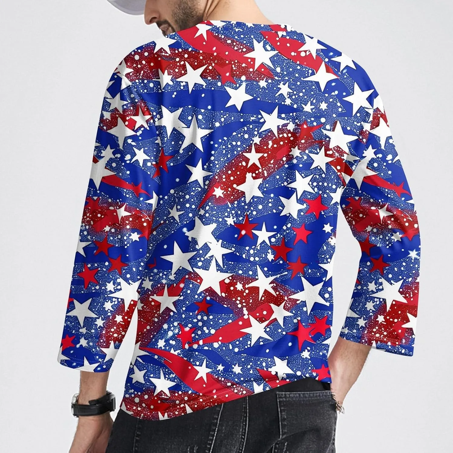 4th of July Shirts for Boys Men's Casual Crewneck 3/4 Sleeve Shirts Cotton Hawaiian Summer Tops Basic Workout Tees