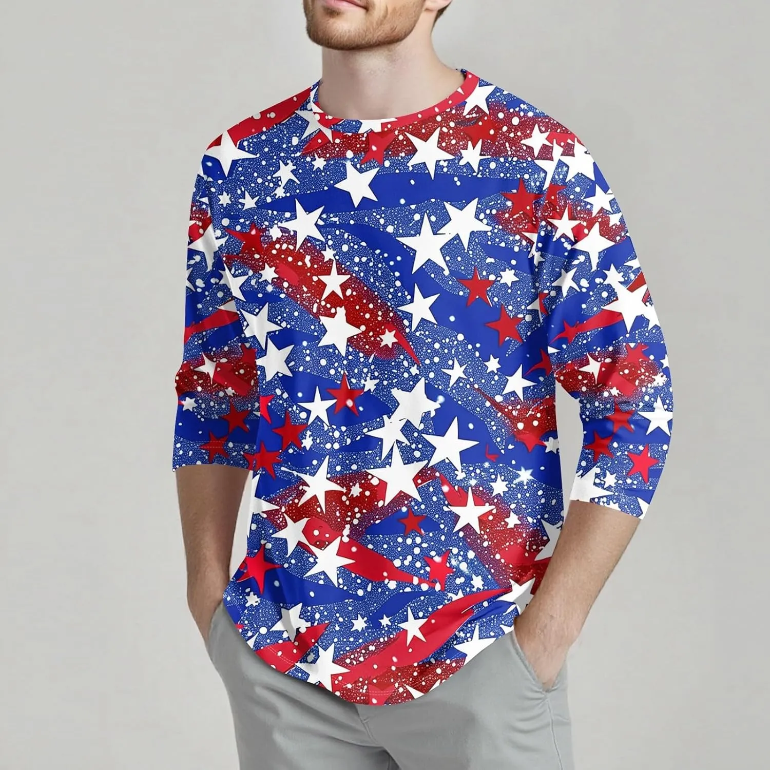 4th of July Shirts for Boys Men's Casual Crewneck 3/4 Sleeve Shirts Cotton Hawaiian Summer Tops Basic Workout Tees