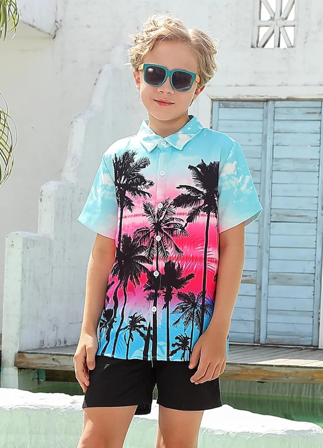 7-14T Boys Button Down Hawaiian Shirts 3D Printed Short Sleeve Cool Top Shirt