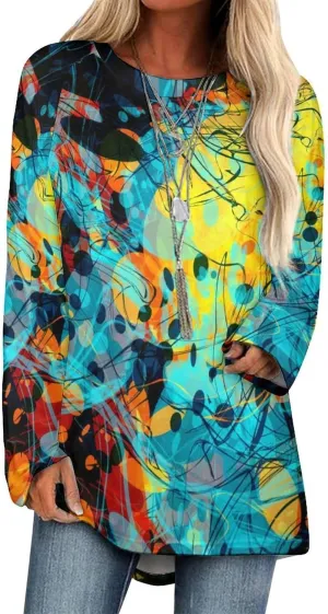 Abstract Art Womens Long Sleeve T Shirts Long Crew Neck Tees Casual Blouses Loose Tops