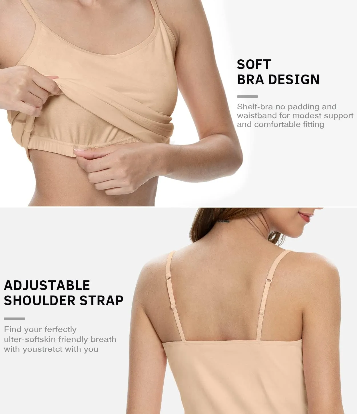 Air Curvey Women's Camisole with Shelf Bra Adjustable Spaghetti Strap Tank Tops 2/3-Pack Cotton Undershirts Tops
