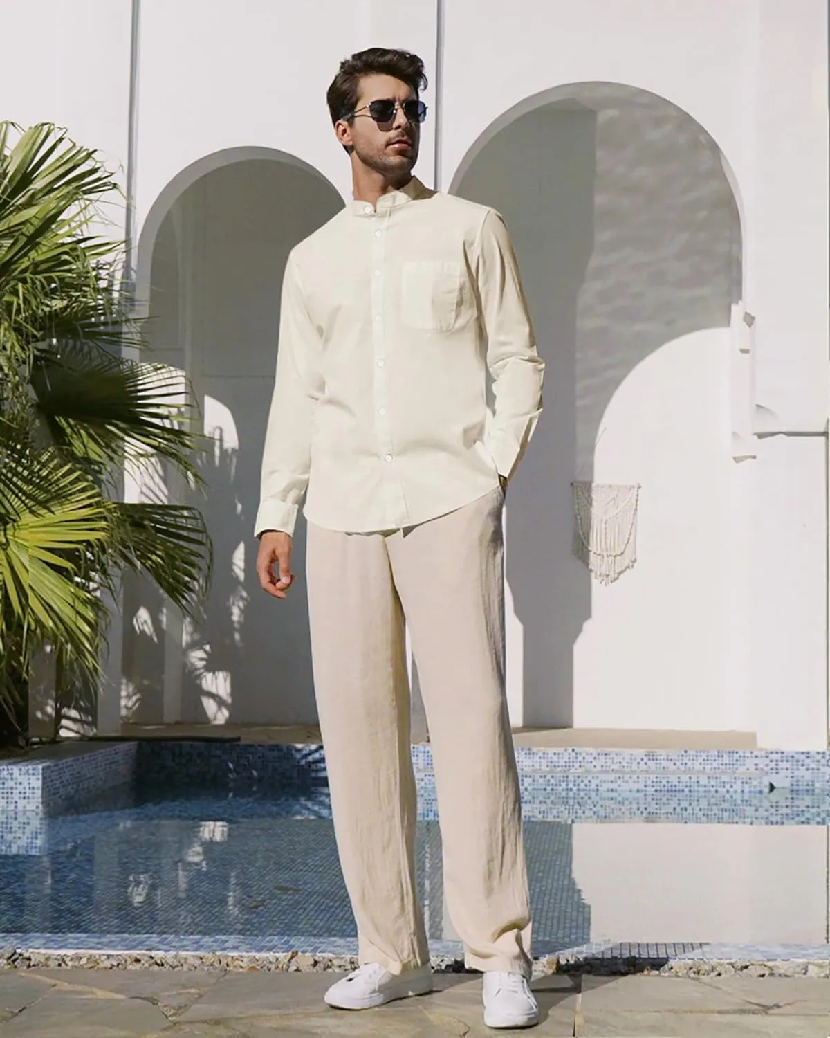 Alimens & Gentle Men's Cotton Linen Shirts Long Sleeve Button Down Shirt Band Collar Beach Shirts