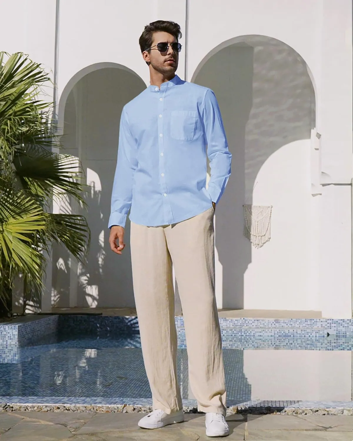 Alimens & Gentle Men's Cotton Linen Shirts Long Sleeve Button Down Shirt Band Collar Beach Shirts