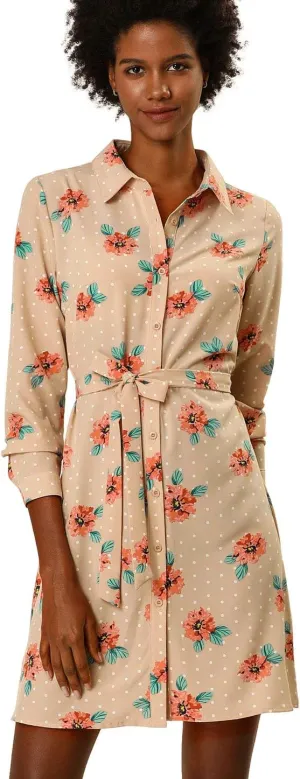 Allegra K Women's Button Down Vintage Polka Dots Dresses Collar Tie Belted Shirt Dress