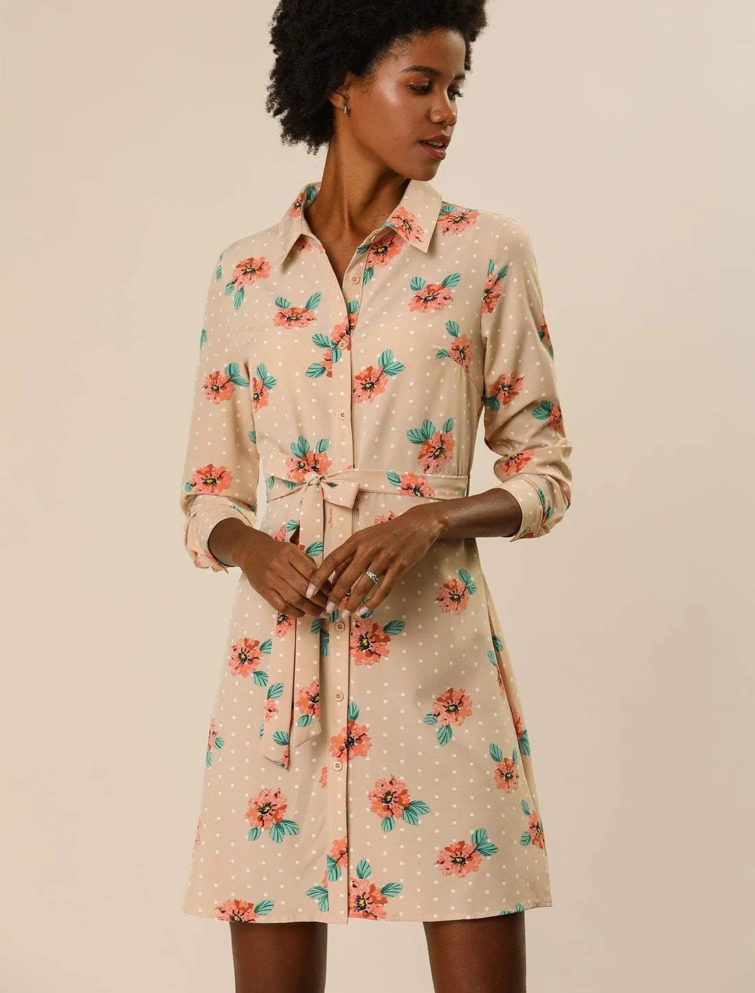 Allegra K Women's Button Down Vintage Polka Dots Dresses Collar Tie Belted Shirt Dress