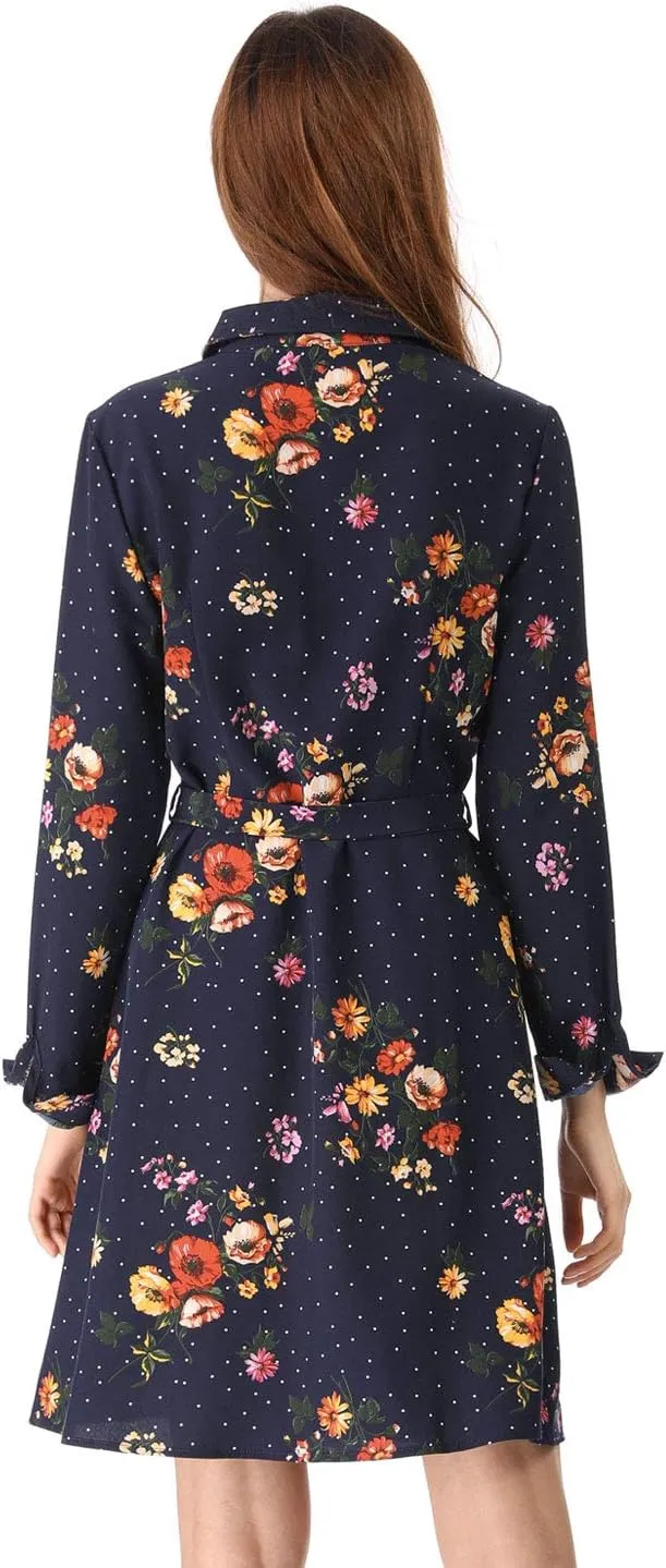 Allegra K Women's Button Down Vintage Polka Dots Dresses Collar Tie Belted Shirt Dress