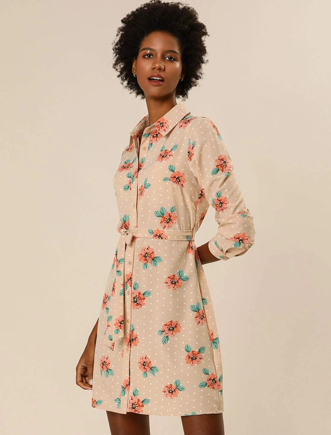 Allegra K Women's Button Down Vintage Polka Dots Dresses Collar Tie Belted Shirt Dress