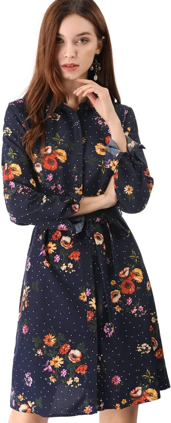 Allegra K Women's Button Down Vintage Polka Dots Dresses Collar Tie Belted Shirt Dress
