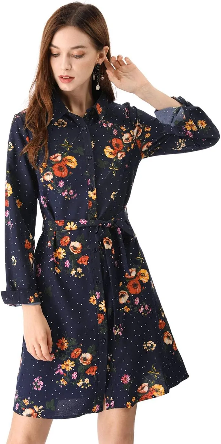 Allegra K Women's Button Down Vintage Polka Dots Dresses Collar Tie Belted Shirt Dress