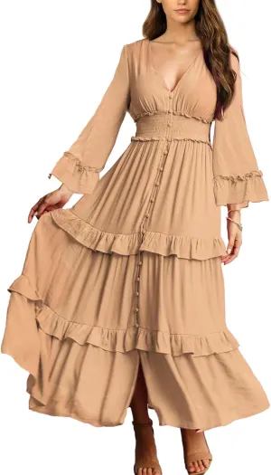 Amegoya Women's V Neck Long Sleeve Boho Maxi Dress Summer Wedding Guest Long Flowy Engagement Dresses