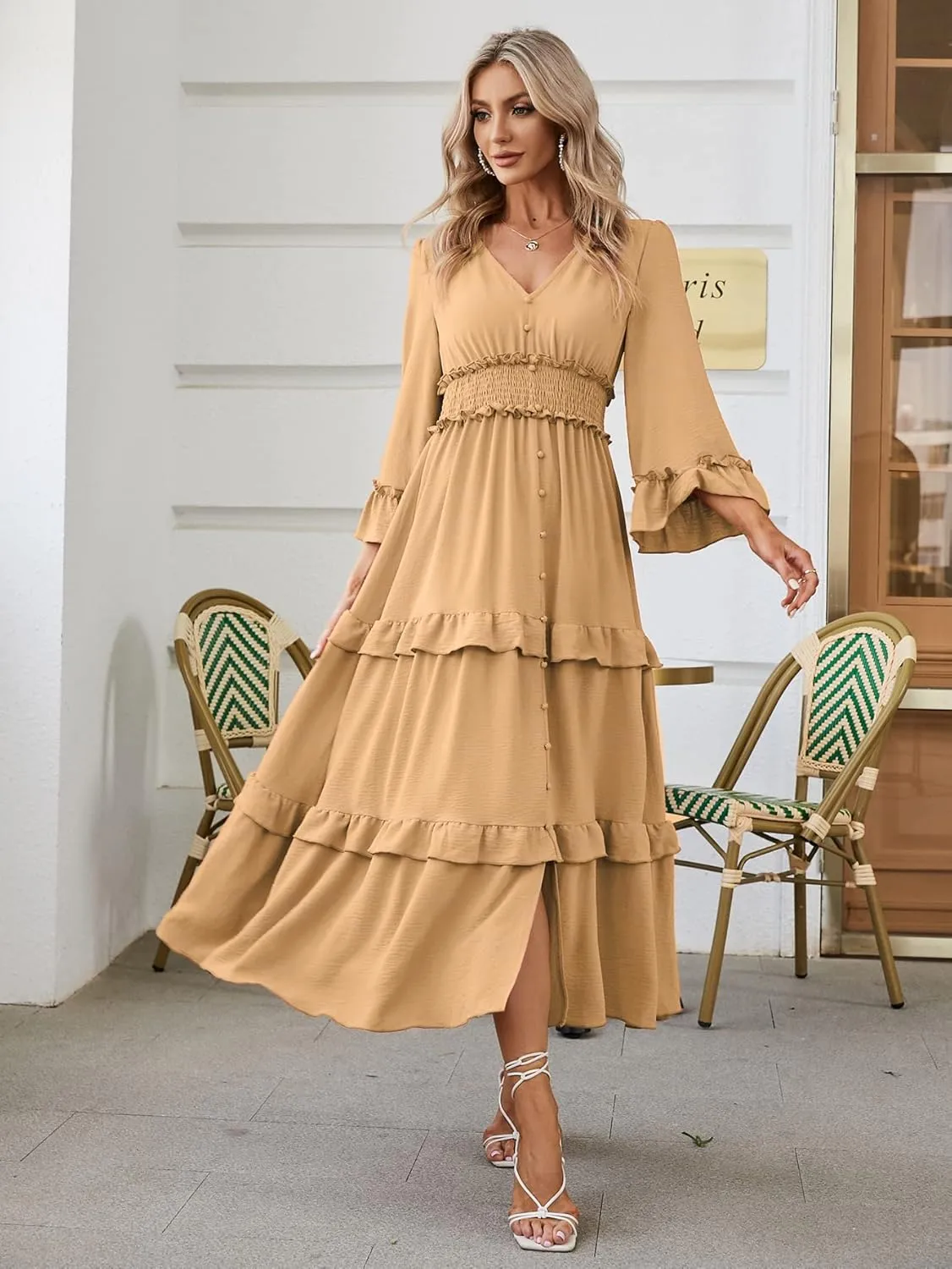 Amegoya Women's V Neck Long Sleeve Boho Maxi Dress Summer Wedding Guest Long Flowy Engagement Dresses
