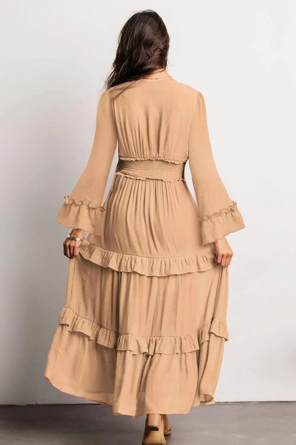 Amegoya Women's V Neck Long Sleeve Boho Maxi Dress Summer Wedding Guest Long Flowy Engagement Dresses