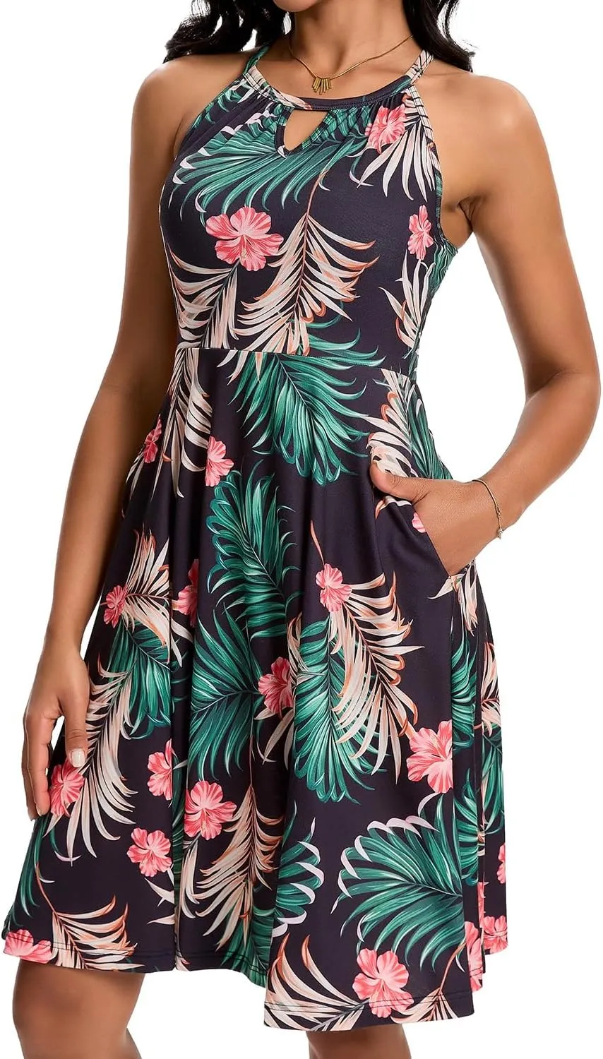 ANYFITTING Built in Bra Halter Dresses for Women 2025 Summer Pockets Dress Flowy Midi Sundresses Beach Vacation