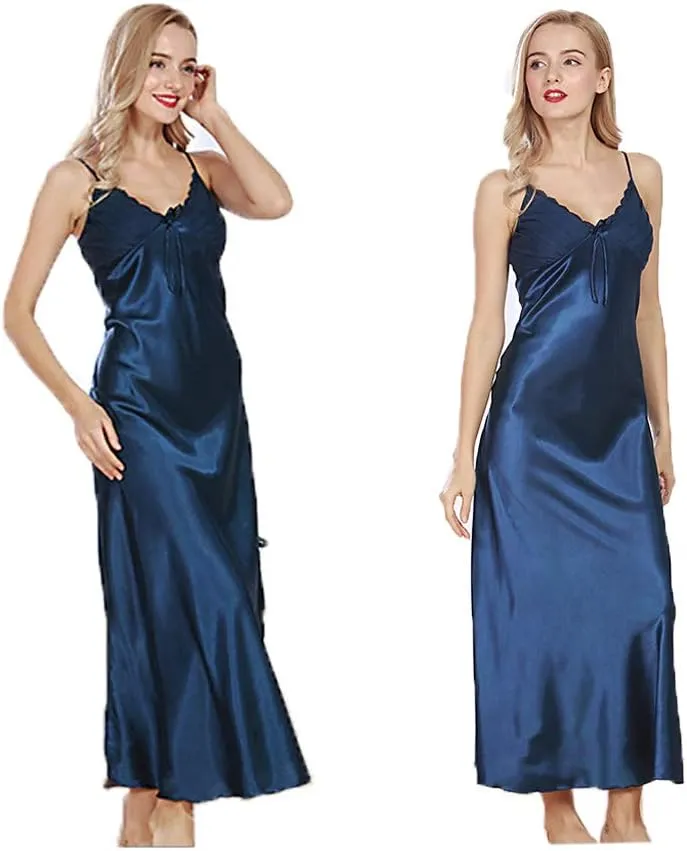 ASHER FASHION Women's Sexy Satin Long Nightgown Lace Slip Lingerie Chemise Robes
