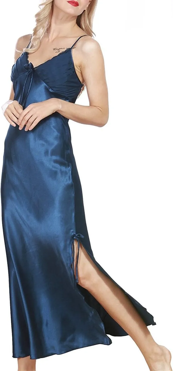 ASHER FASHION Women's Sexy Satin Long Nightgown Lace Slip Lingerie Chemise Robes
