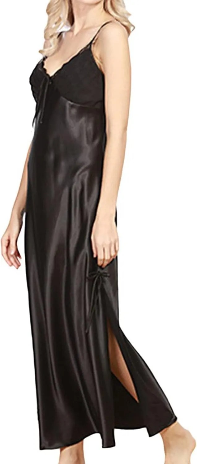 ASHER FASHION Women's Sexy Satin Long Nightgown Lace Slip Lingerie Chemise Robes