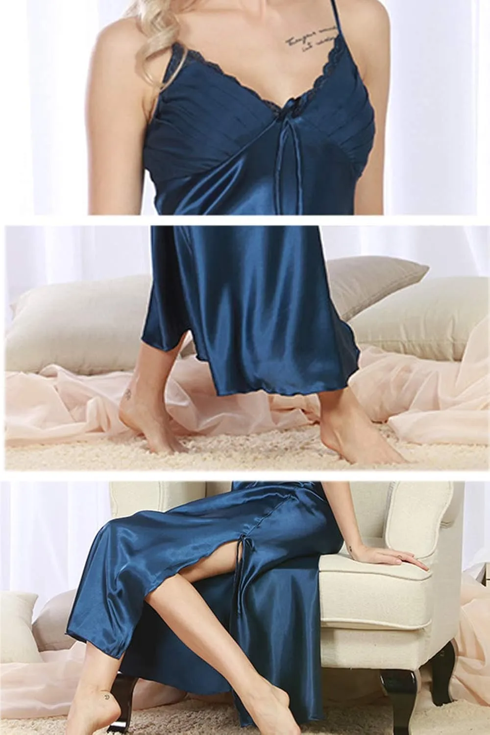 ASHER FASHION Women's Sexy Satin Long Nightgown Lace Slip Lingerie Chemise Robes