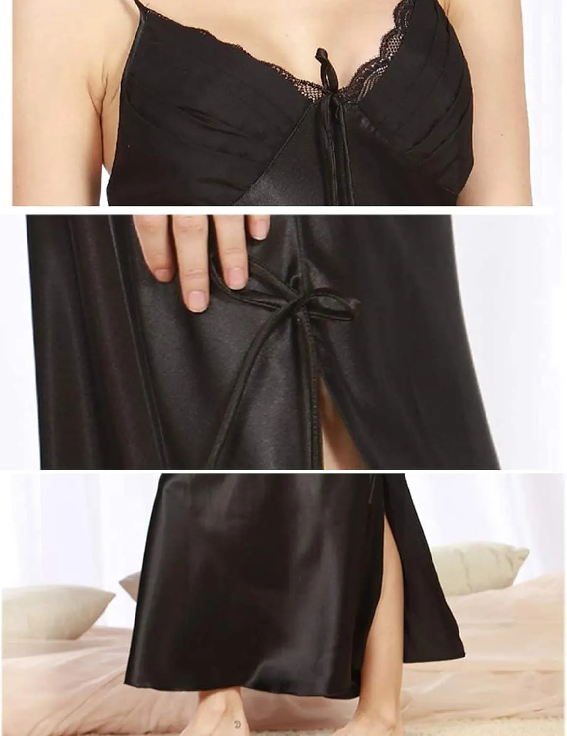 ASHER FASHION Women's Sexy Satin Long Nightgown Lace Slip Lingerie Chemise Robes