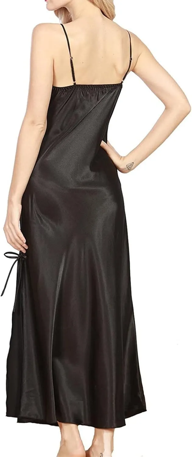 ASHER FASHION Women's Sexy Satin Long Nightgown Lace Slip Lingerie Chemise Robes