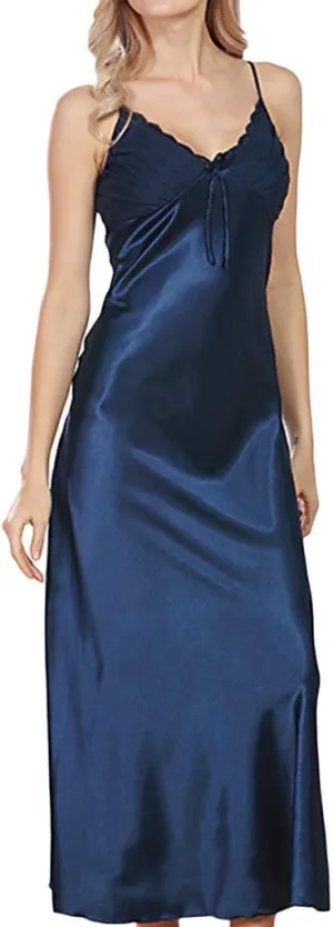ASHER FASHION Women's Sexy Satin Long Nightgown Lace Slip Lingerie Chemise Robes