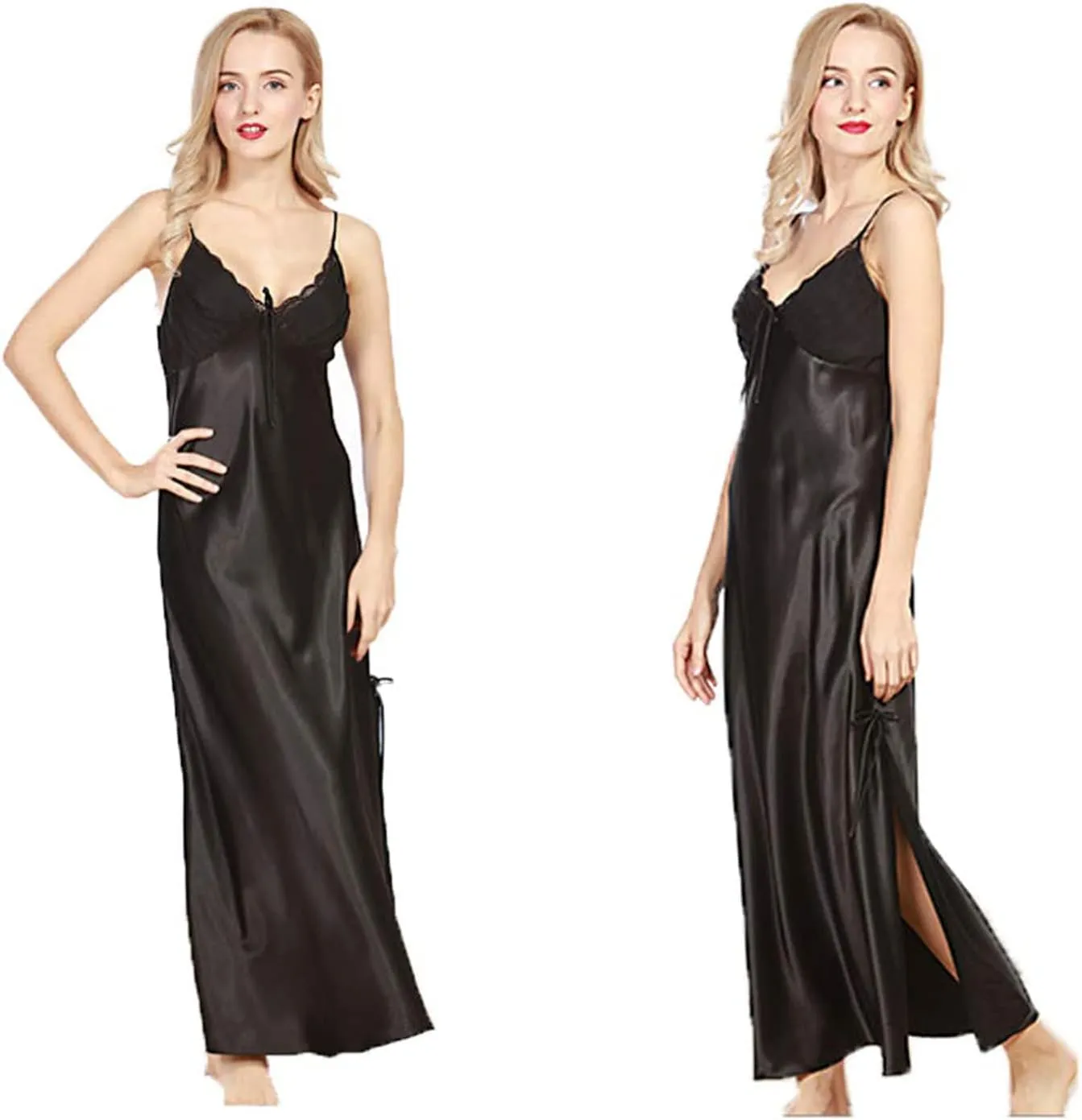 ASHER FASHION Women's Sexy Satin Long Nightgown Lace Slip Lingerie Chemise Robes