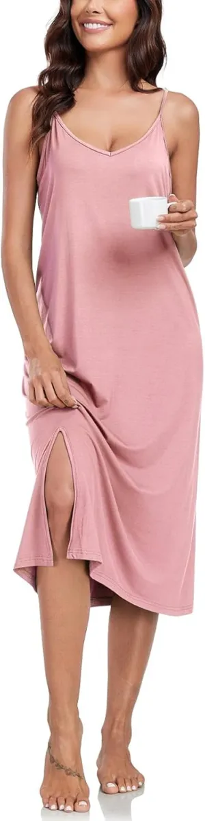 BestWendding Women's Full Slips for Under Dress Spaghetti Straps Cami Slip Dresses Sexy V Neck Split Long Nightgowns