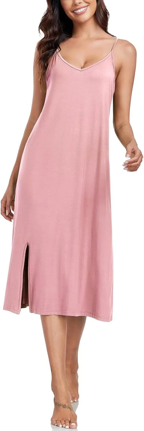 BestWendding Women's Full Slips for Under Dress Spaghetti Straps Cami Slip Dresses Sexy V Neck Split Long Nightgowns