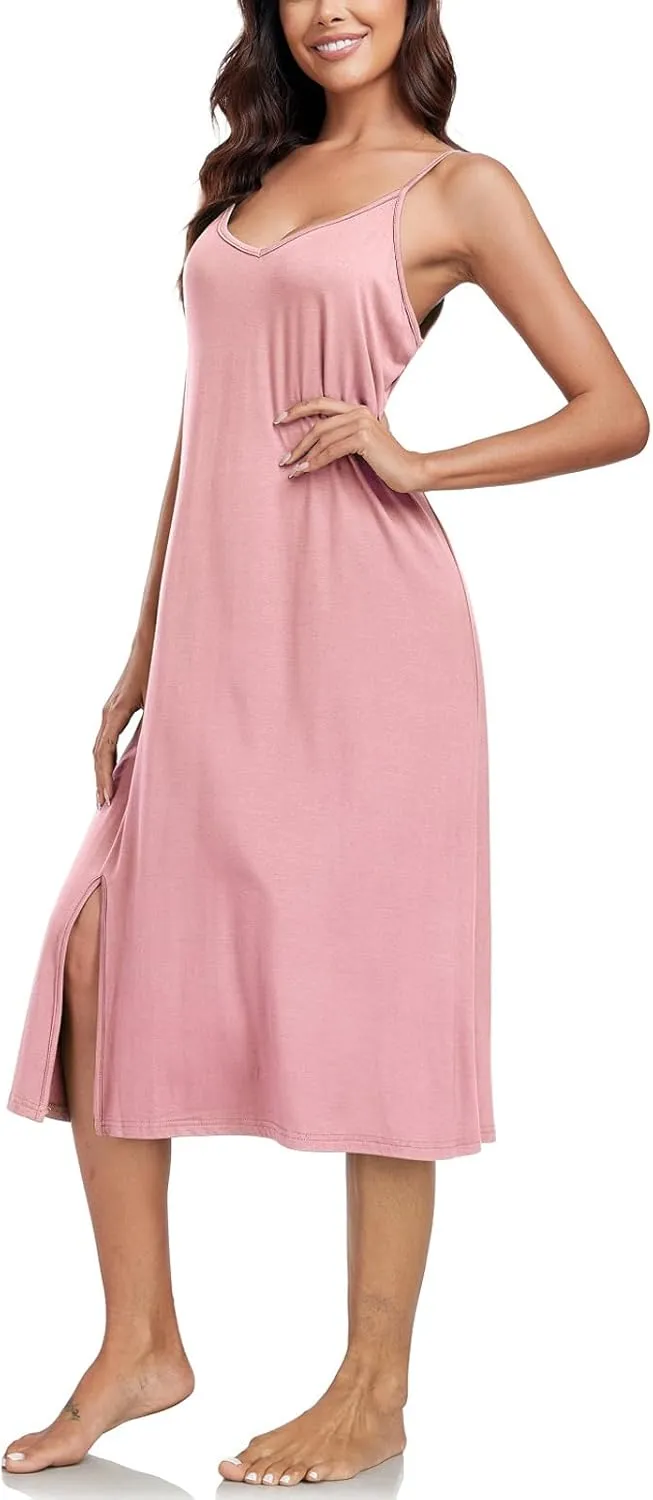 BestWendding Women's Full Slips for Under Dress Spaghetti Straps Cami Slip Dresses Sexy V Neck Split Long Nightgowns