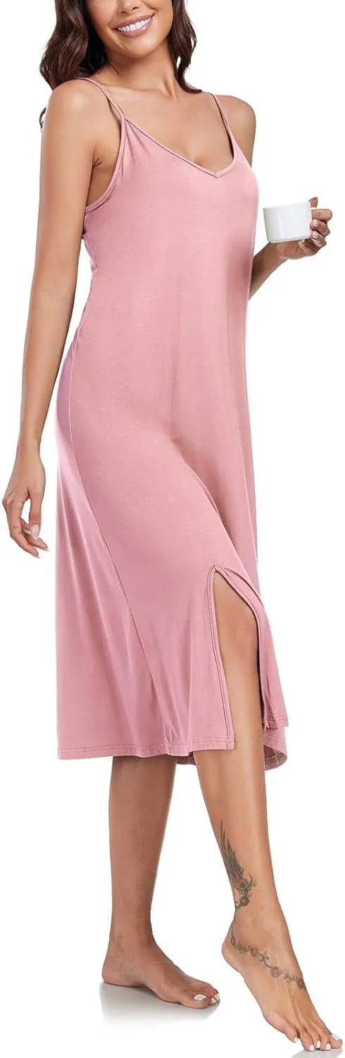 BestWendding Women's Full Slips for Under Dress Spaghetti Straps Cami Slip Dresses Sexy V Neck Split Long Nightgowns