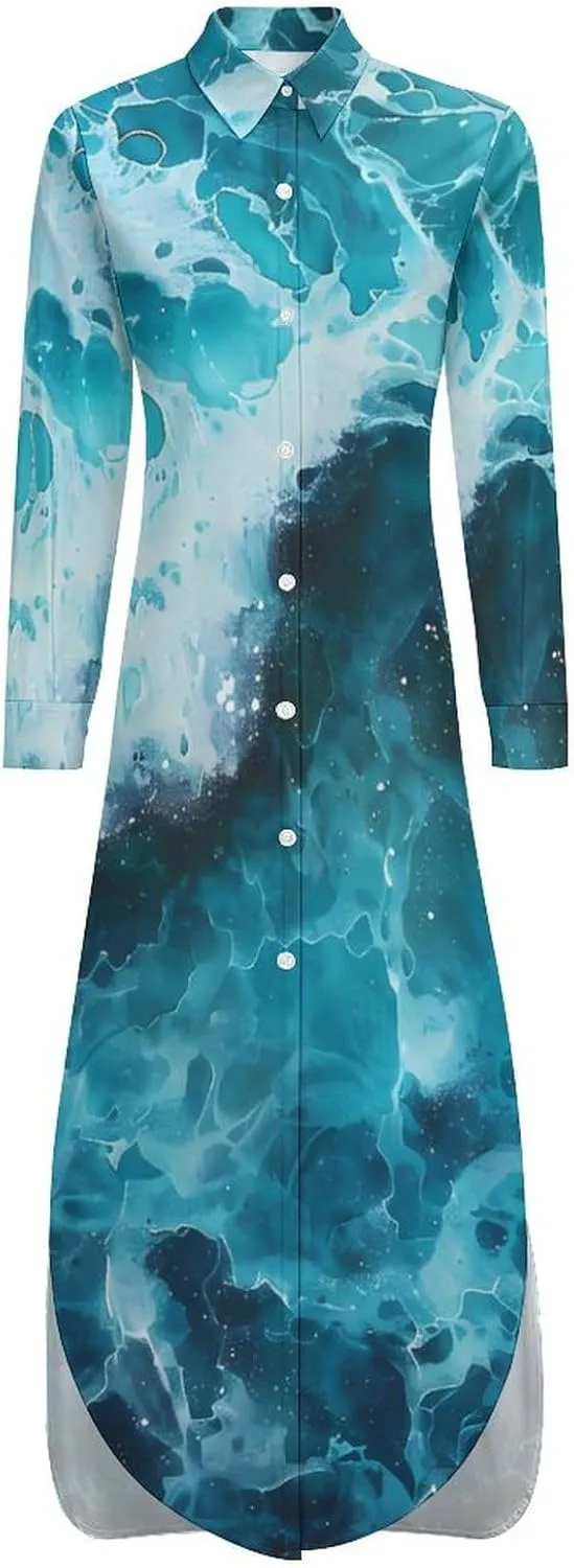 Blue Ocean Waves Long Shirt Dress for Women Casual Maxi Dresses Button Down Knee Length Loose T Shirts