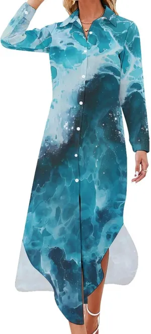 Blue Ocean Waves Long Shirt Dress for Women Casual Maxi Dresses Button Down Knee Length Loose T Shirts