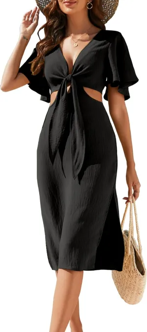 BMJL Womens Swimsuit Coverup Hollow Out Bathing Suit Cover Ups for Swimwear Bikini V Neck Chiffon Beach Dress