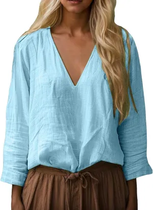 Boho Tops for Women Retro Embroidered 3/4 Sleeve Boho Tops Cotton Linen Hawaiian Shirts Resort Wear Beach Clothes