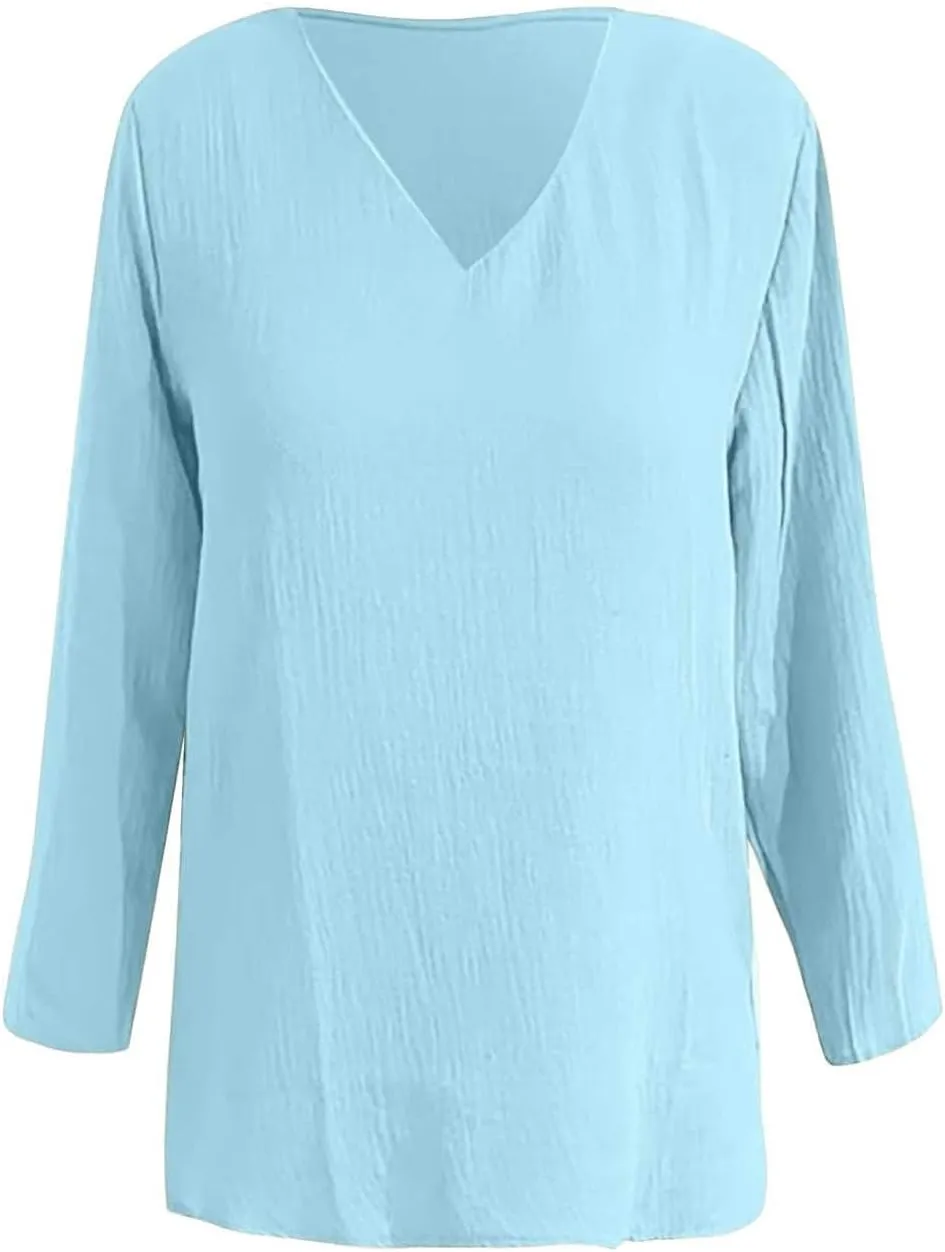 Boho Tops for Women Retro Embroidered 3/4 Sleeve Boho Tops Cotton Linen Hawaiian Shirts Resort Wear Beach Clothes