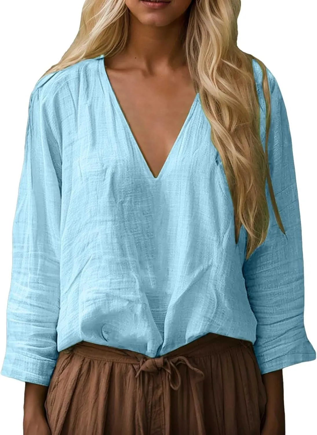 Boho Tops for Women Retro Embroidered 3/4 Sleeve Boho Tops Cotton Linen Hawaiian Shirts Resort Wear Beach Clothes