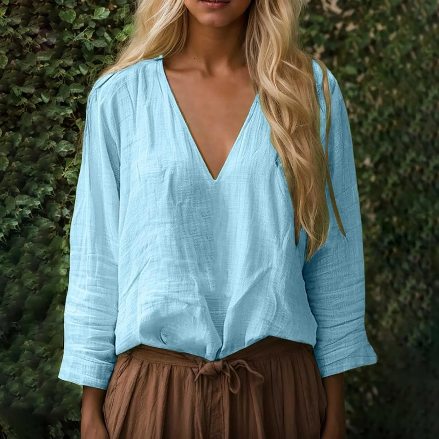 Boho Tops for Women Retro Embroidered 3/4 Sleeve Boho Tops Cotton Linen Hawaiian Shirts Resort Wear Beach Clothes