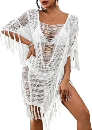 Bsubseach Sheer Beach Cover Ups for Women Swimwear Fringe Hollow Out Swimsuit Coverup Sexy Beach Bathing Suit Cover Up
