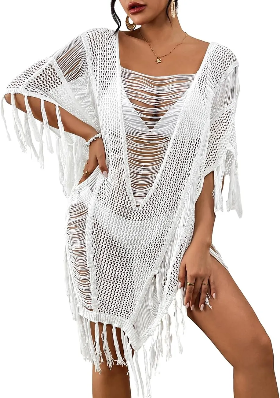Bsubseach Sheer Beach Cover Ups for Women Swimwear Fringe Hollow Out Swimsuit Coverup Sexy Beach Bathing Suit Cover Up