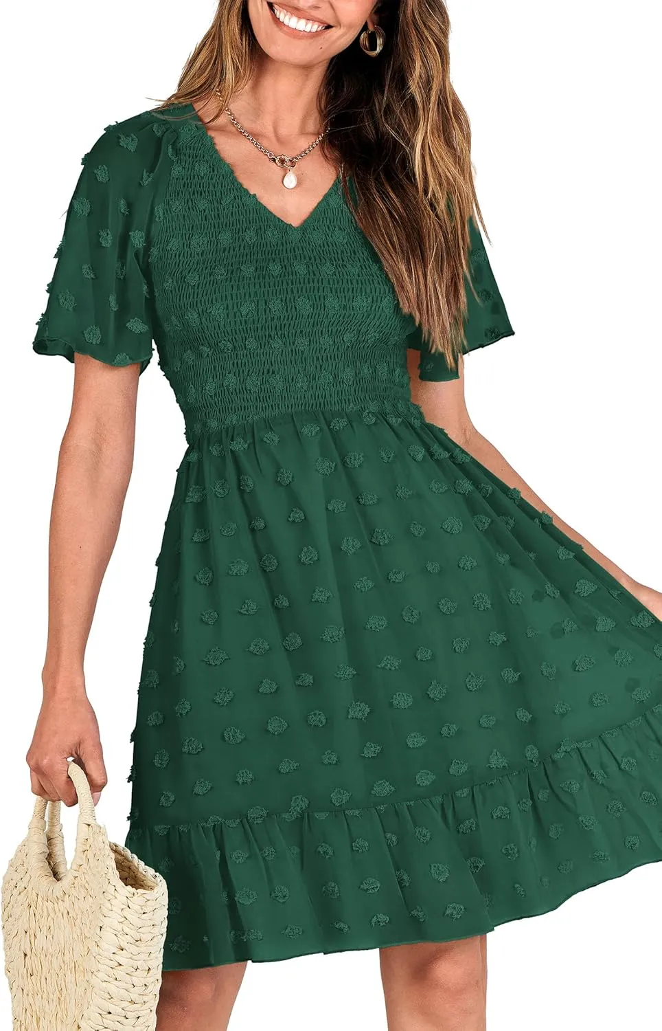 BTFBM Womens Beach Vacation Dress V Neck Short Sleeve Smocked Swiss Dot Casual Ruffle Mini Spring Summer Dresses 2025