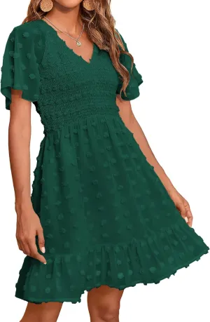 BTFBM Womens Beach Vacation Dress V Neck Short Sleeve Smocked Swiss Dot Casual Ruffle Mini Spring Summer Dresses 2025