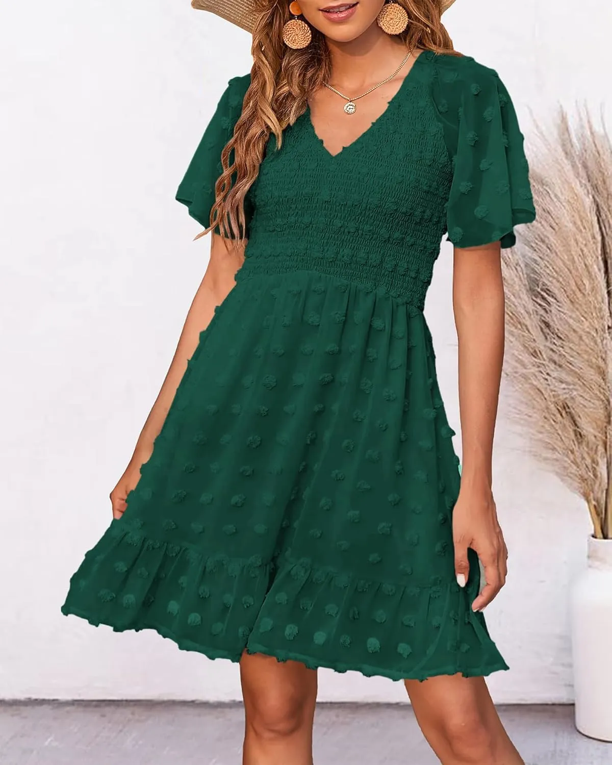 BTFBM Womens Beach Vacation Dress V Neck Short Sleeve Smocked Swiss Dot Casual Ruffle Mini Spring Summer Dresses 2025