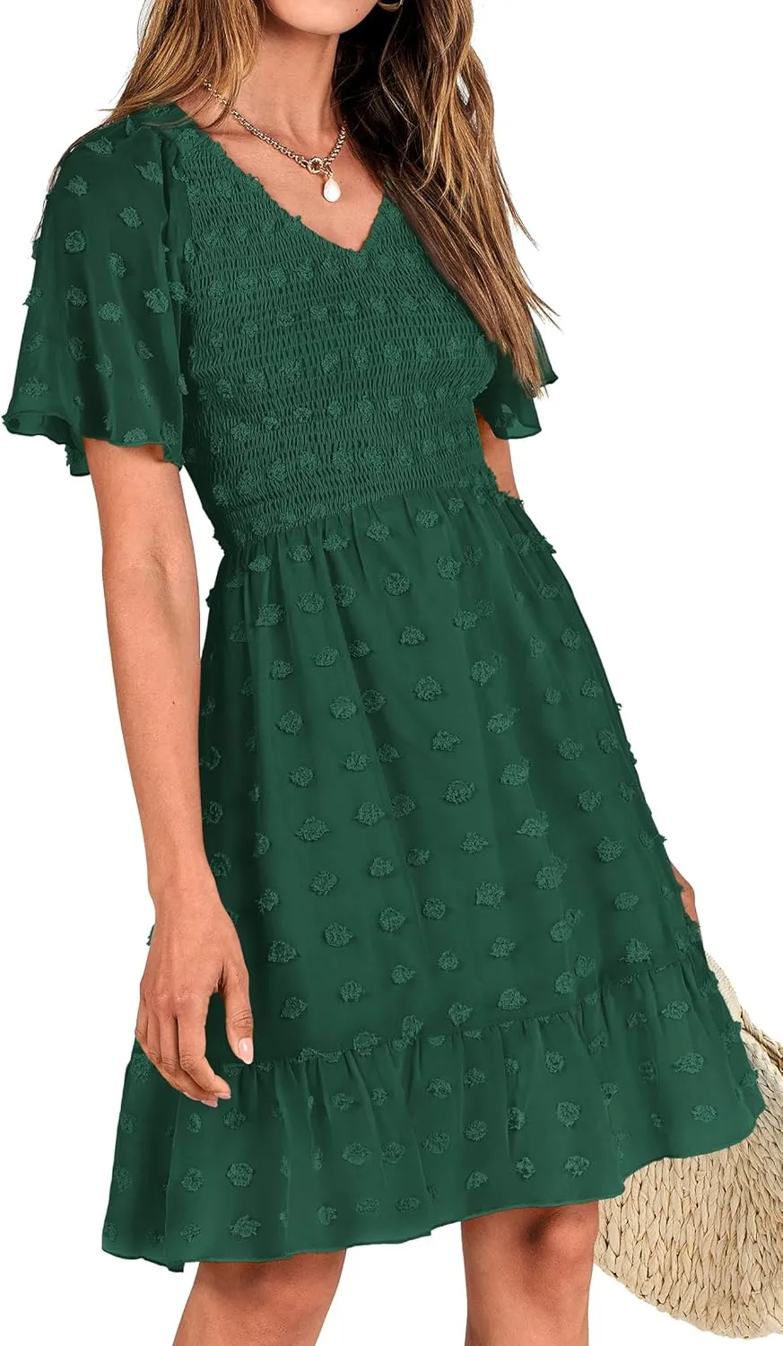 BTFBM Womens Beach Vacation Dress V Neck Short Sleeve Smocked Swiss Dot Casual Ruffle Mini Spring Summer Dresses 2025