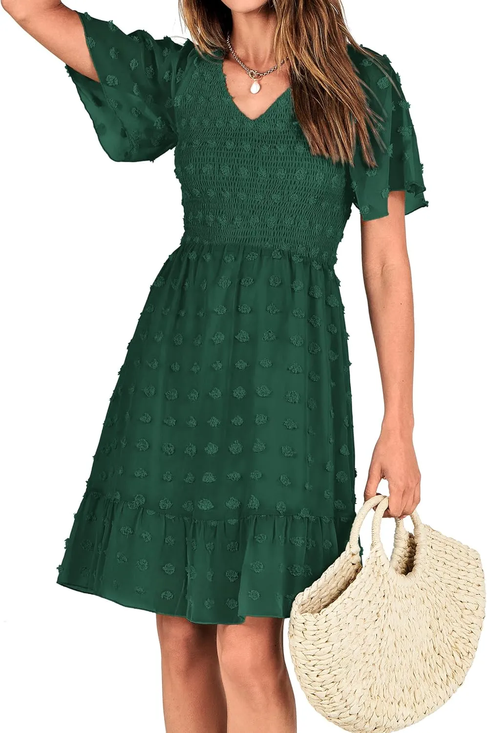 BTFBM Womens Beach Vacation Dress V Neck Short Sleeve Smocked Swiss Dot Casual Ruffle Mini Spring Summer Dresses 2025
