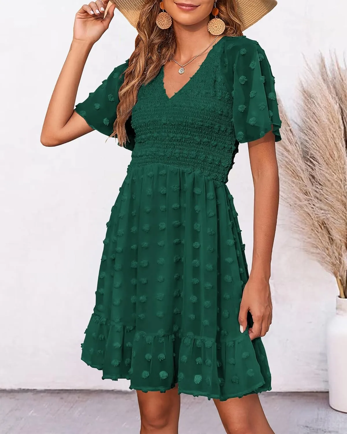BTFBM Womens Beach Vacation Dress V Neck Short Sleeve Smocked Swiss Dot Casual Ruffle Mini Spring Summer Dresses 2025