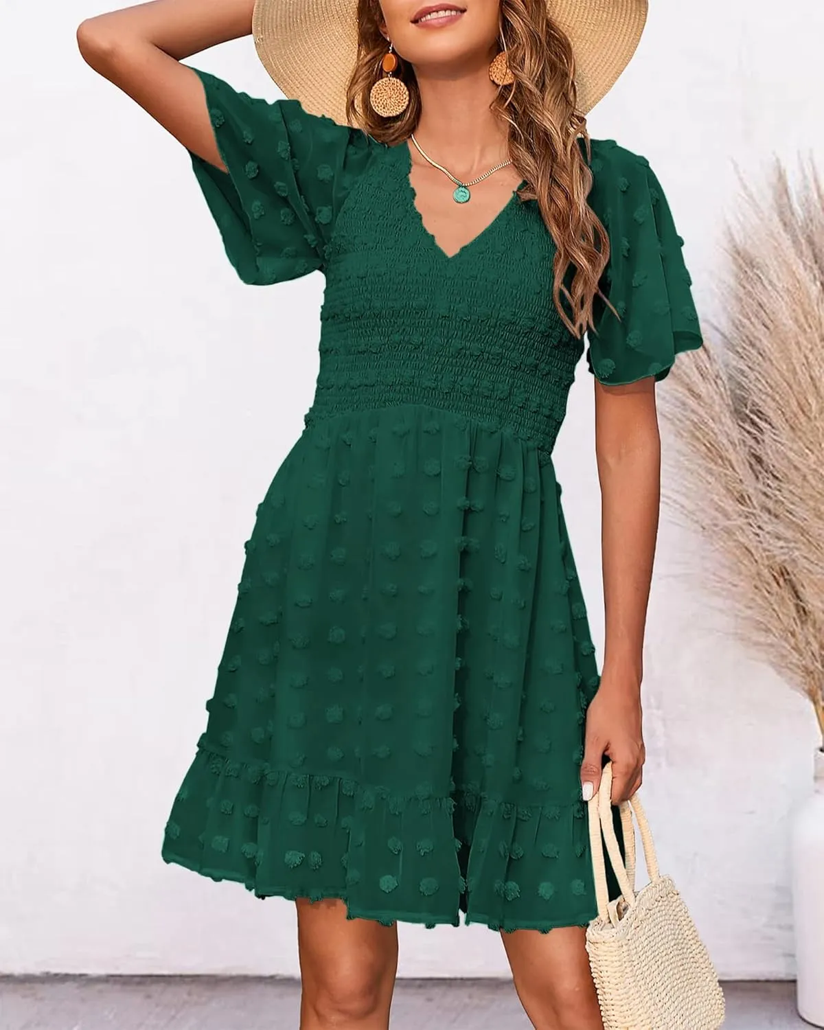 BTFBM Womens Beach Vacation Dress V Neck Short Sleeve Smocked Swiss Dot Casual Ruffle Mini Spring Summer Dresses 2025